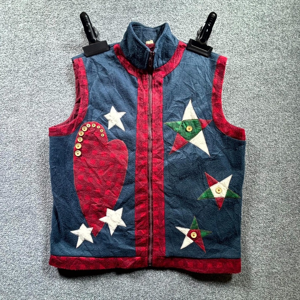 Vintage Fleece Vest Womens Large Blue Red Patchwork Heart Star Full Zip Gorpcore